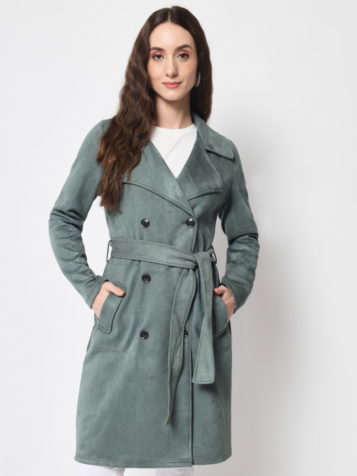 A cropped image of a woman wearing a Pista Green Long Coat with a lapel collar and matching belt designed for formal and casual winter layering and comfort.