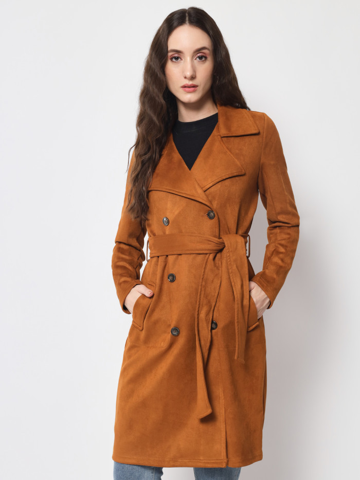 A cropped image of a woman wearing a Tan Long Coat with a lapel collar and matching belt designed for formal and casual winter layering and comfort.