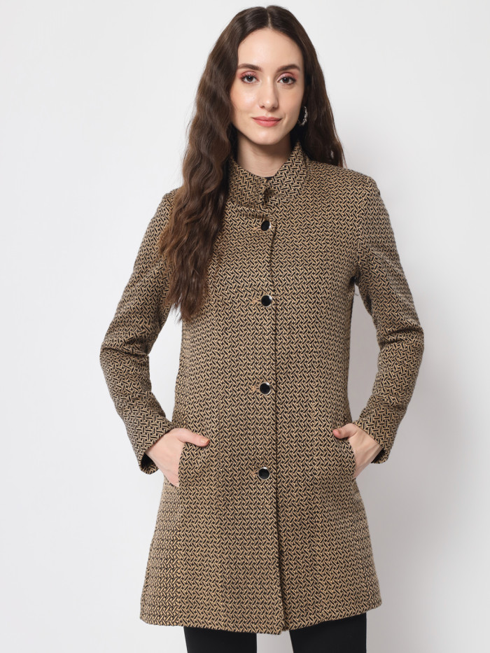 A cropped image of a woman wearing a Camel Long Coat with High neck collar, button closure and pocket in hand designed for formal and casual winter layering and comfort.