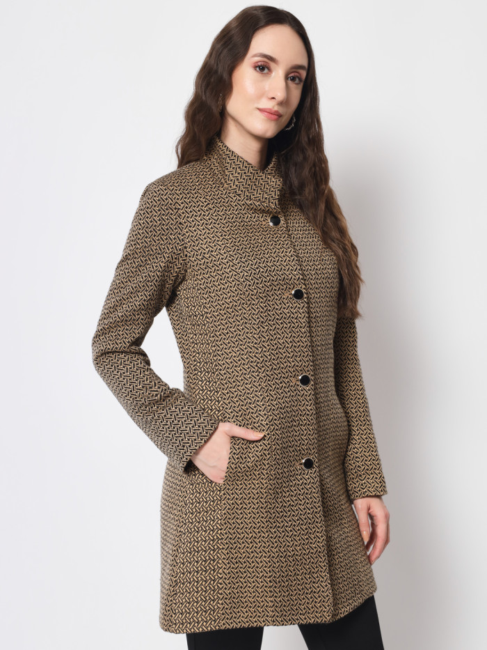 A left pose of a woman wearing a Camel Long Coat with High neck collar, button closure and pocket in hand designed for formal and casual winter layering and comfort.