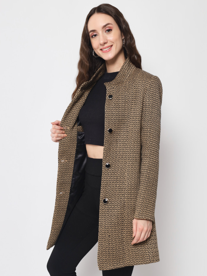 A right pose of a woman wearing a Camel Long Coat with High neck collar, button closure and pocket in hand designed for formal and casual winter layering and comfort.