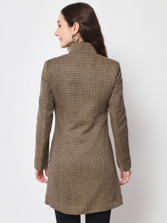 A back pose of a woman wearing a Camel Long Coat with High neck collar, button closure and pocket in hand designed for formal and casual winter layering and comfort.