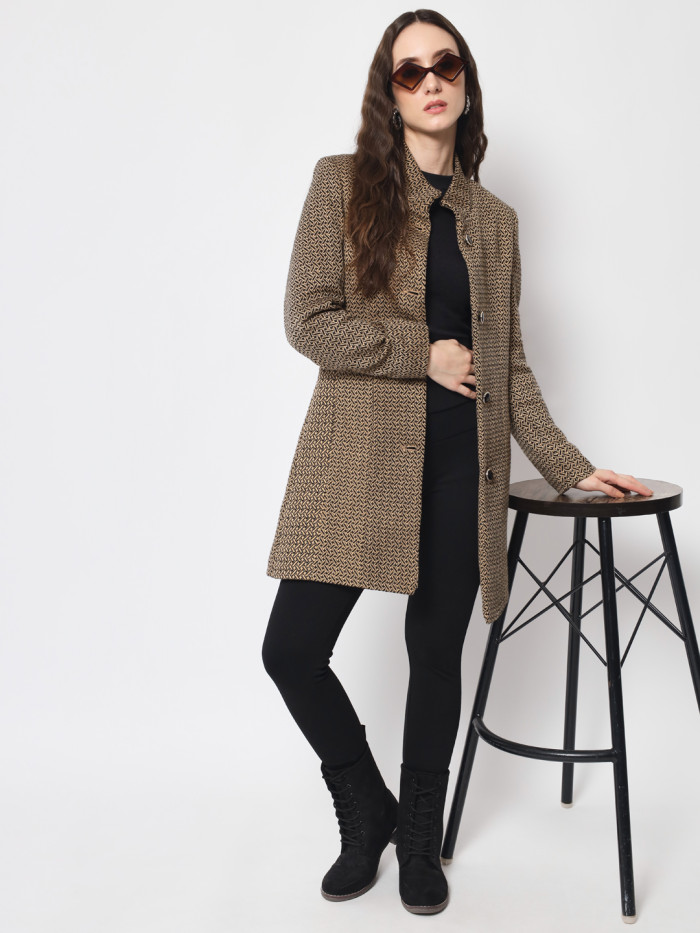 A woman wearing a Camel Long Coat with High neck collar, button closure and pocket in hand designed for formal and casual winter layering and comfort.