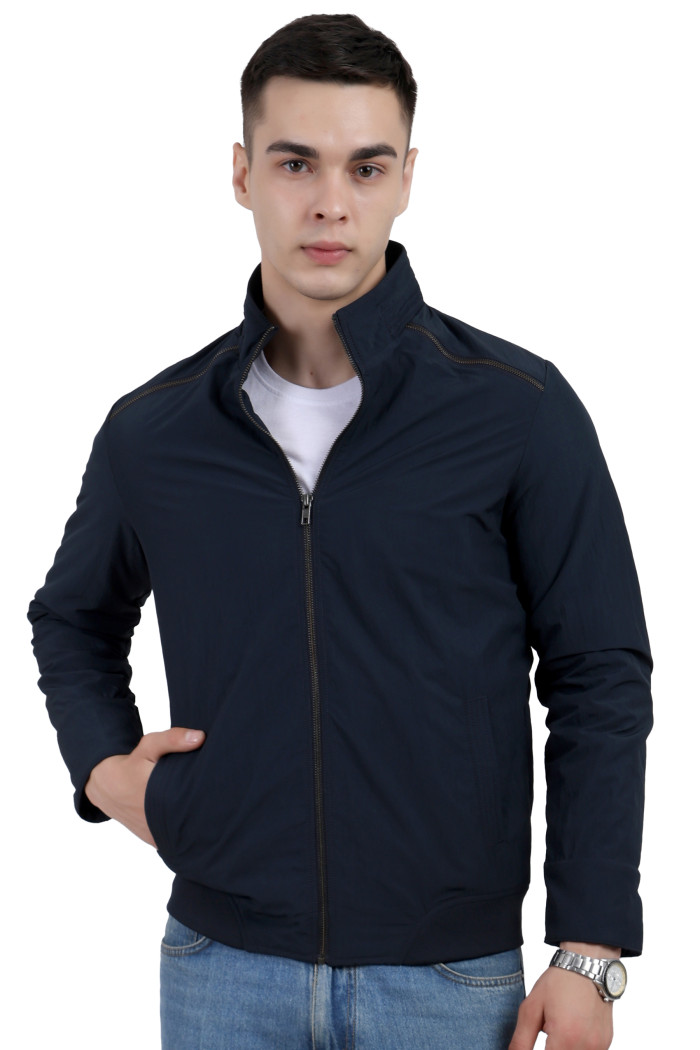 Men’s Solid High Neck Riding Jacket in Navy