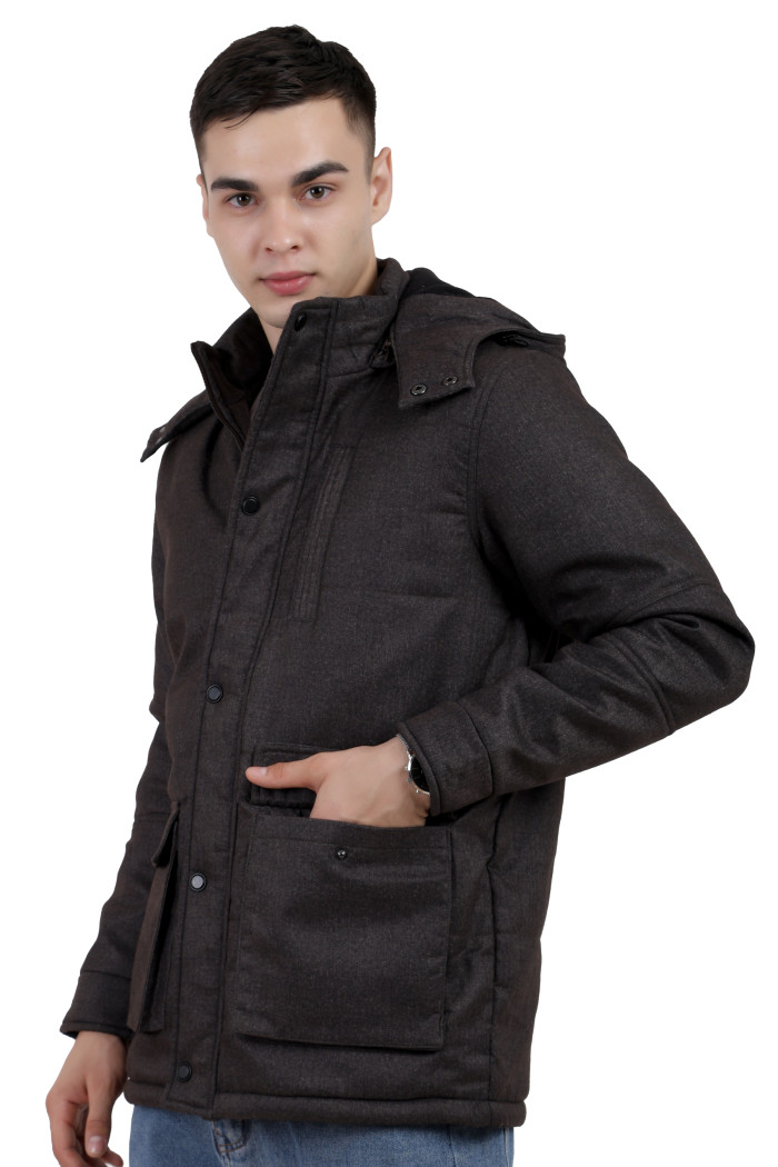 A right pose of a man wearing brown Chester jacket with a high neck collar, hood, zipper closure and pocket in hand designed for casual winter layering and comfort.