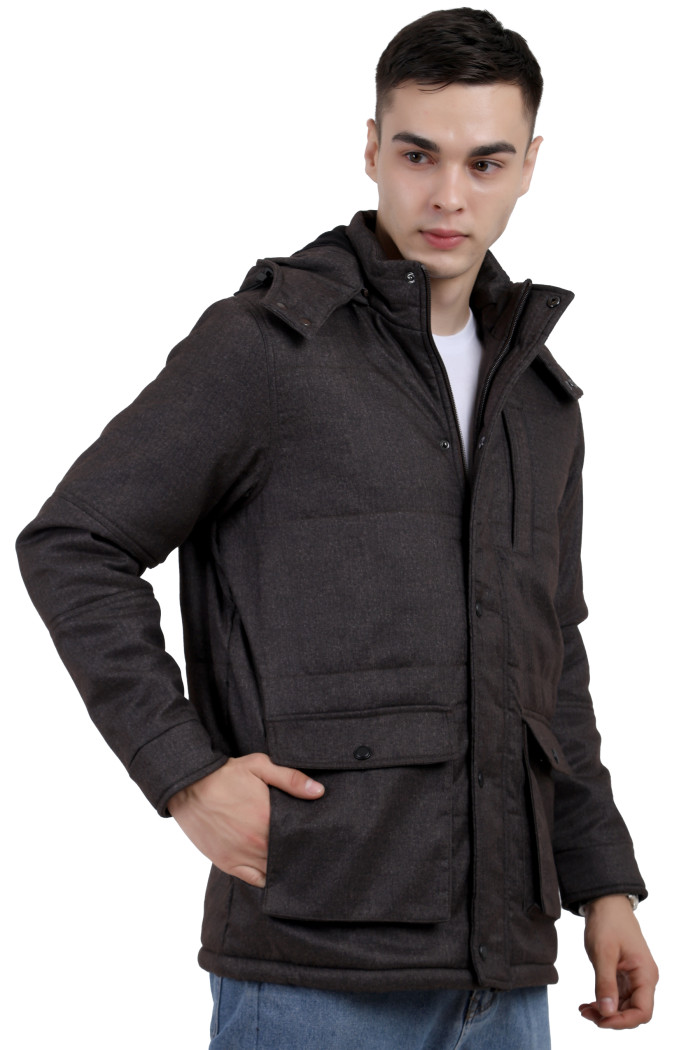 A left pose of a man wearing brown Chester jacket with a high neck collar, hood , zipper closure and pocket in hand designed for casual winter layering and comfort.