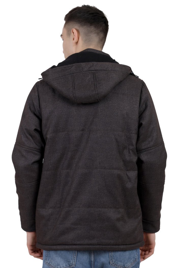 A back pose of a man wearing a brown Chester jacket with a high neck collar, hood , zipper closure and pocket in hand designed for casual winter layering and comfort.