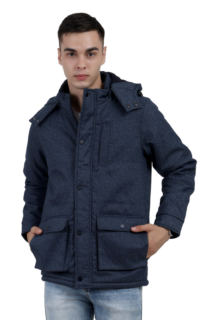 Men’s High Neck Tweed Chester Jacket in Navy