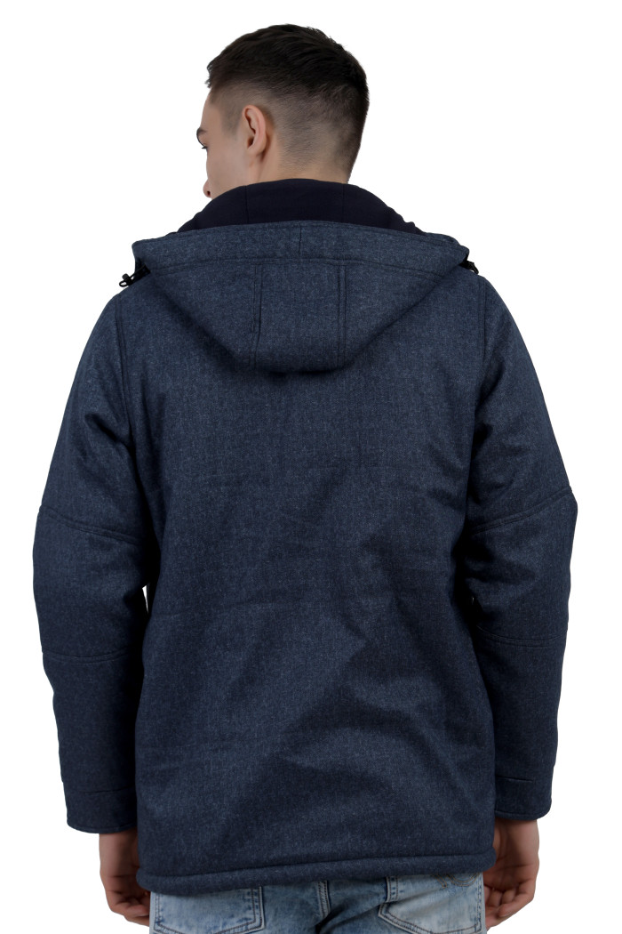 A back pose of a man wearing a Navy Chester jacket with a high neck collar, hood , zipper closure and pocket in hand designed for casual winter layering and comfort.