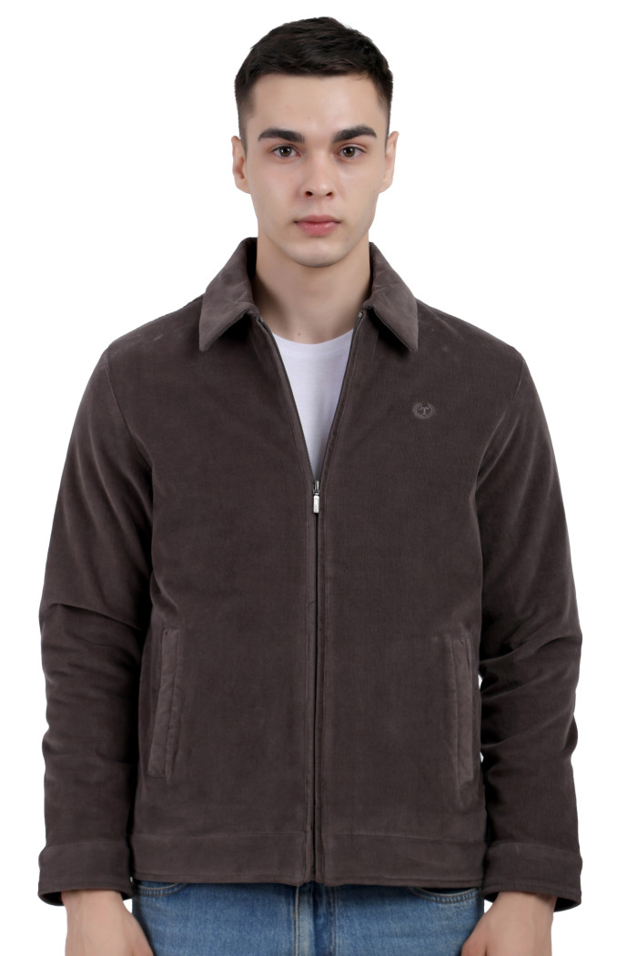 Men's Collar Neck Corduroy Jacket in Dark Grey