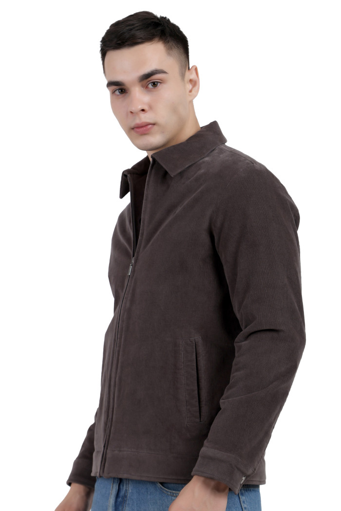 A right pose of a man wearing a Dark Grey Corduroy jacket with a collar neck, zipper closure and pocket in hand designed for casual winter layering and comfort.