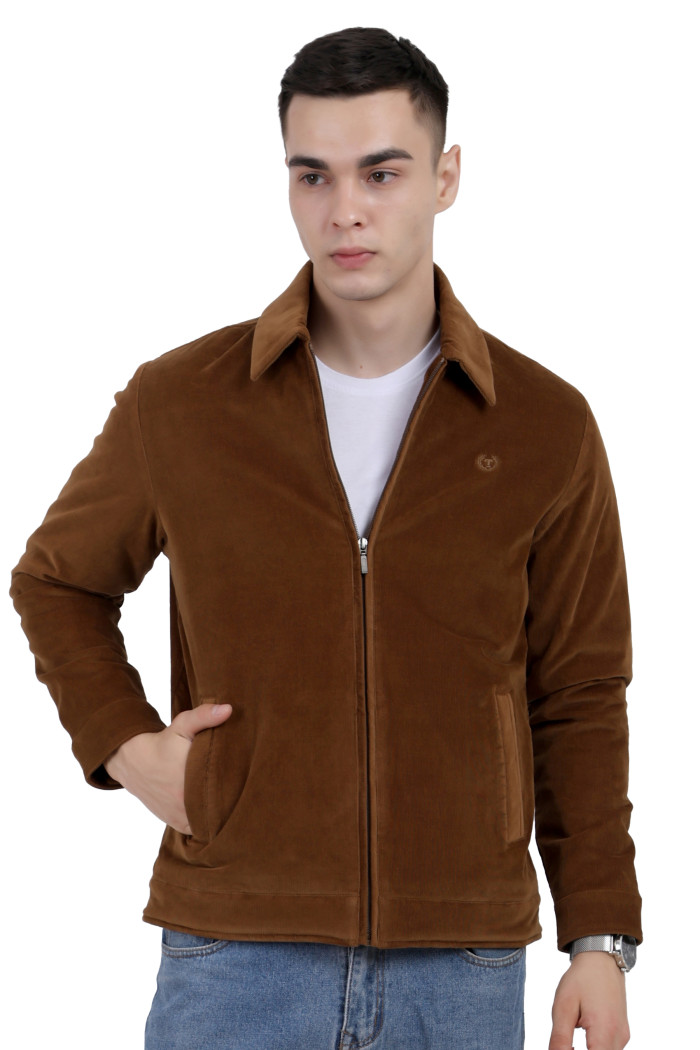 A man wearing a Tan Corduroy jacket with a collar neck, zipper closure and pocket in hand designed for casual winter layering and comfort.