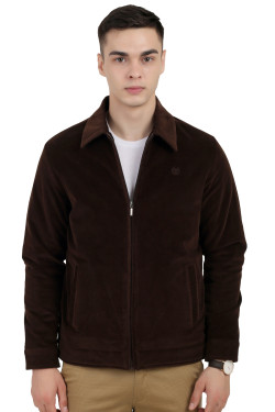 A man wearing a coffee jacket with a collar neck, zipper closure and pocket in hand designed for casual winter layering and comfort.