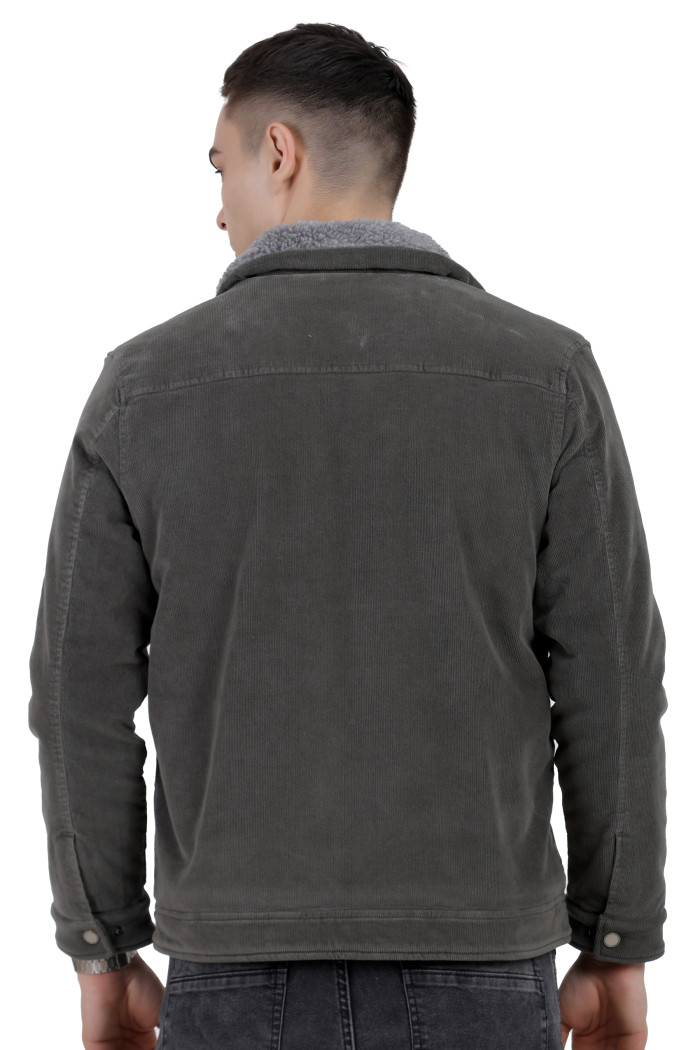 A back pose of a man wearing a Pista washed Corduroy jacket with a collar neck, zipper closure and pocket in hand designed for casual winter layering and comfort.