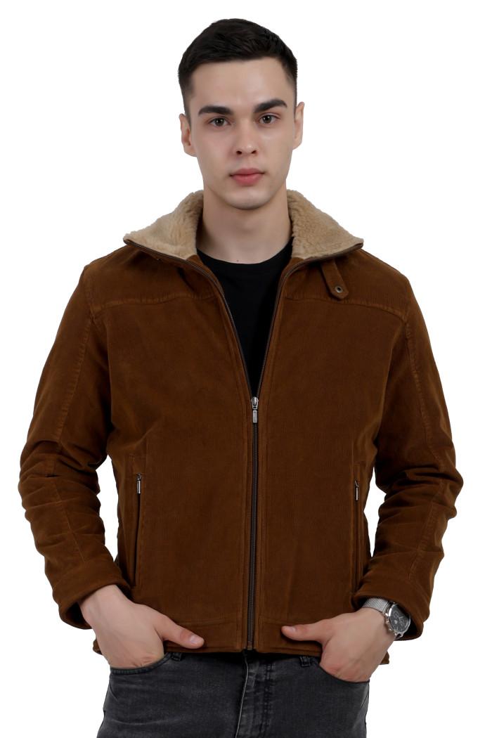 A man wearing a Tan Corduroy jacket with a collar neck, zipper closure and pocket in hand designed for casual winter layering and comfort.