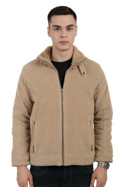 A man wearing a Beige Corduroy jacket with a collar neck, zipper closure and pocket in hand designed for casual winter layering and comfort.