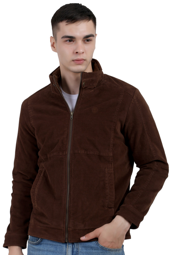 Men’s High Neck Quilted Corduroy Jacket in Brown