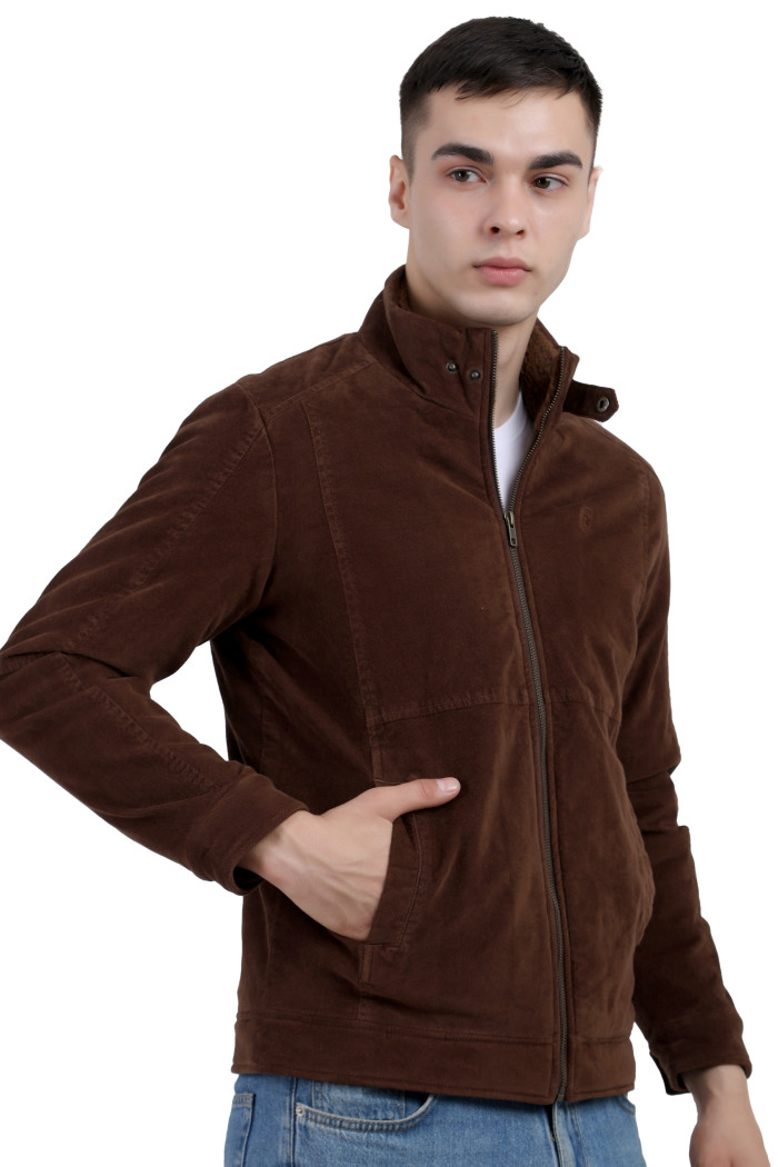 A right pose of a man wearing a Brown Corduroy jacket with a collar neck, zipper closure and pocket in hand designed for casual winter layering and comfort.