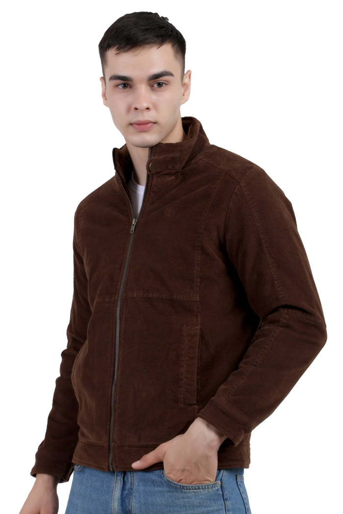 A right pose of a man wearing a Brown Corduroy jacket with a collar neck, zipper closure and pocket in hand designed for casual winter layering and comfort.