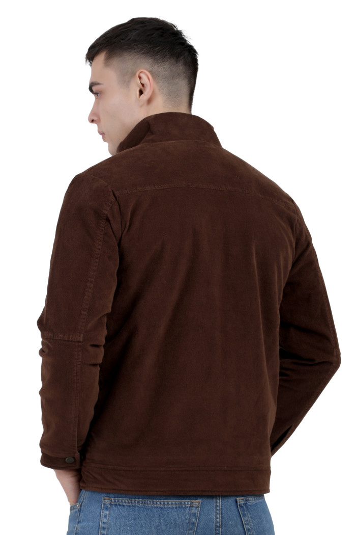 A back pose of a man wearing a Brown Corduroy jacket with a collar neck, zipper closure and pocket in hand designed for casual winter layering and comfort.