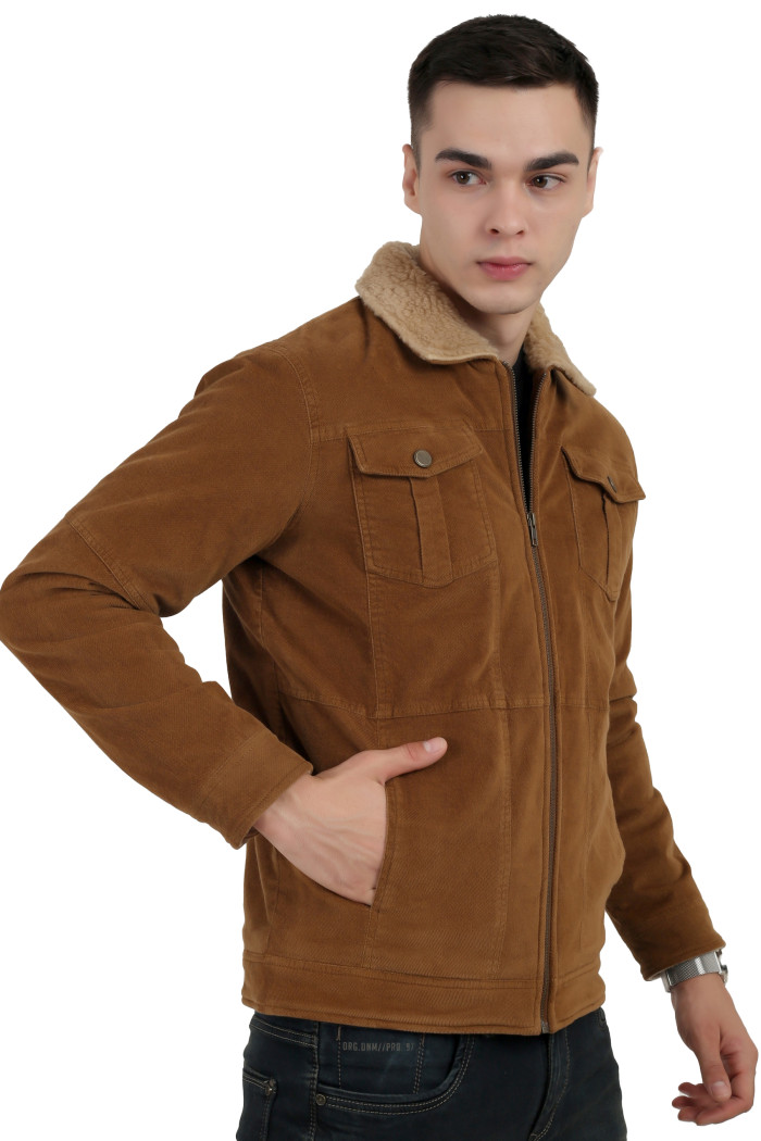 left pose of a man wearing a Khaki Corduroy jacket with a collar neck, zipper closure and pocket in hand designed for casual winter layering and comfort.