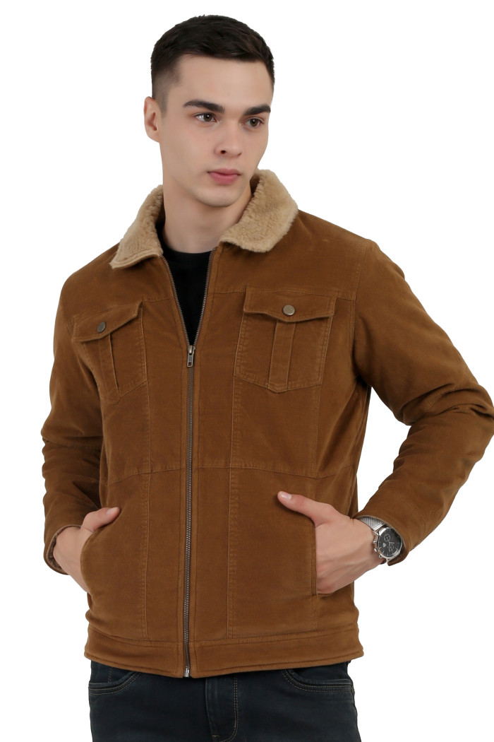 A right pose of a man wearing a Khaki Corduroy jacket with a collar neck, zipper closure and pocket in hand designed for casual winter layering and comfort.