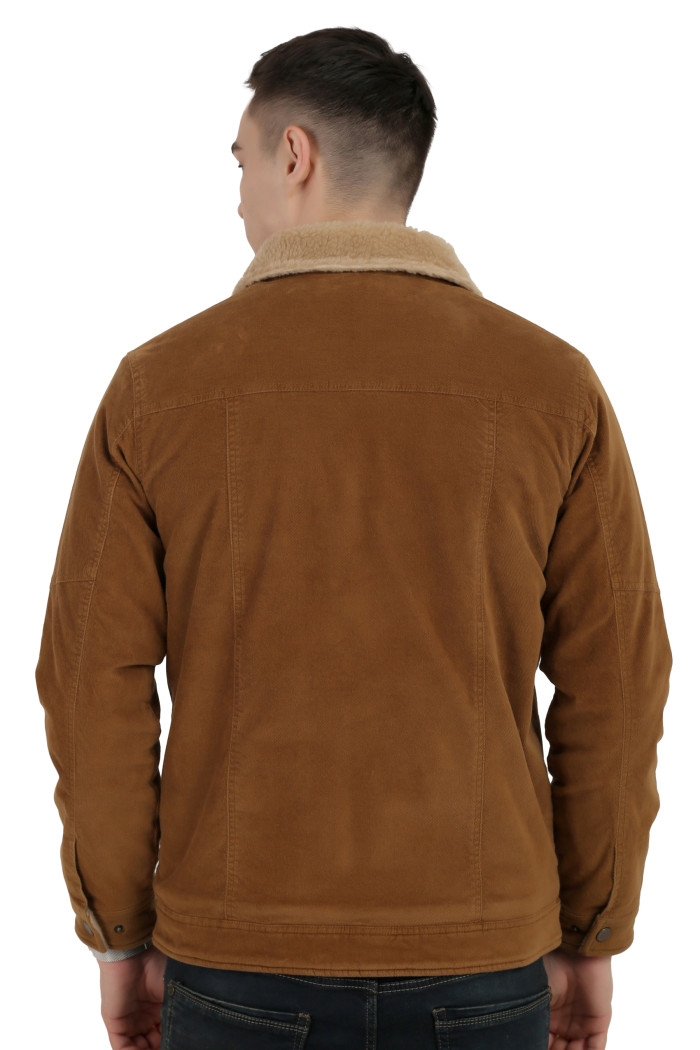 A back pose of a man wearing a Khaki Corduroy jacket with a collar neck, zipper closure and pocket in hand designed for casual winter layering and comfort.