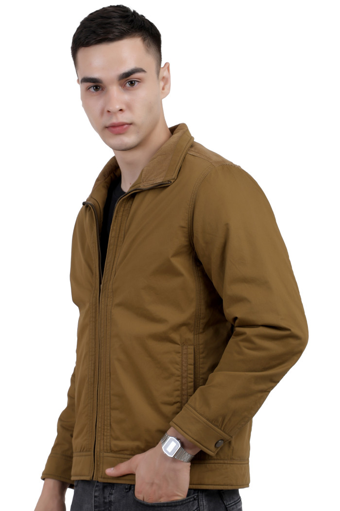 A right pose of a man wearing a Khaki cotton jacket with a collar neck, zipper closure and pocket in hand designed for casual winter layering and comfort.