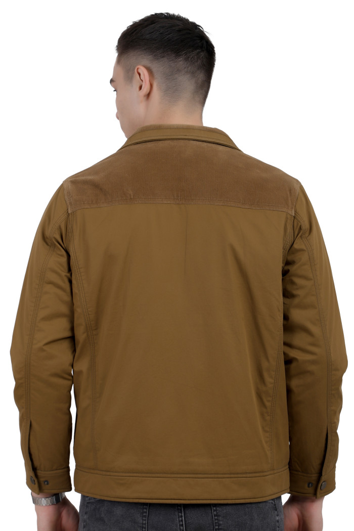 A back pose of a man wearing a Khaki cotton jacket with a collar neck, zipper closure and pocket in hand designed for casual winter layering and comfort.