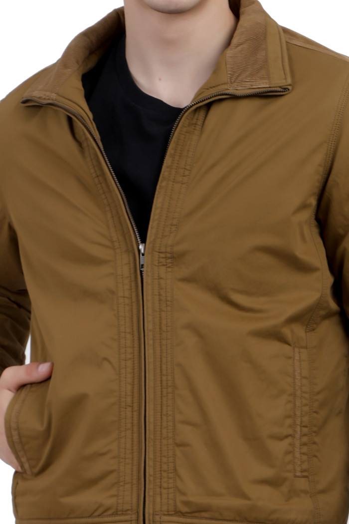 A cropped image of a man wearing Khaki cotton jacket with a collar neck, zipper closure and pocket in hand designed for casual winter layering and comfort.