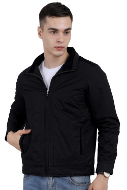 A man wearing a Black cotton jacket with a collar neck, zipper closure and pocket in hand designed for casual winter layering and comfort.