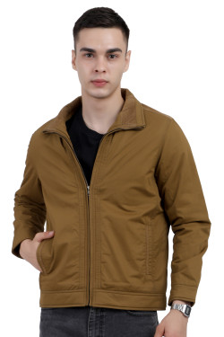 A man wearing a Khaki cotton jacket with a collar neck, zipper closure and pocket in hand designed for casual winter layering and comfort.