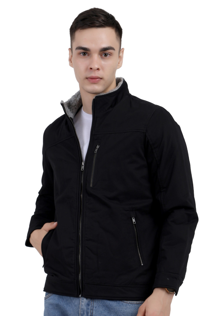 Men’s High Neck Cotton Jacket With Sherpa Lining in Black