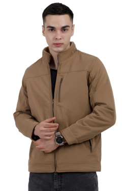 A man wearing a Khaki cotton jacket with a collar neck, zipper closure and pocket in hand designed for casual winter layering and comfort.