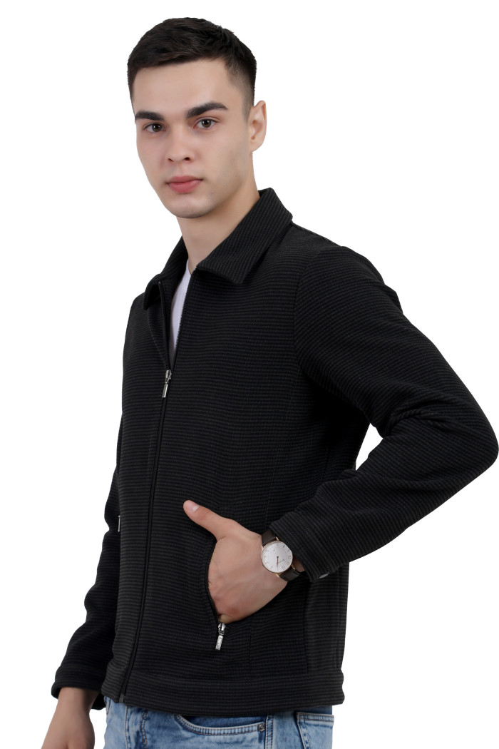 A right pose of a man wearing a Black Tweed Shacket with a collar neck, zipper closure and pocket in hand designed for casual winter layering and comfort.