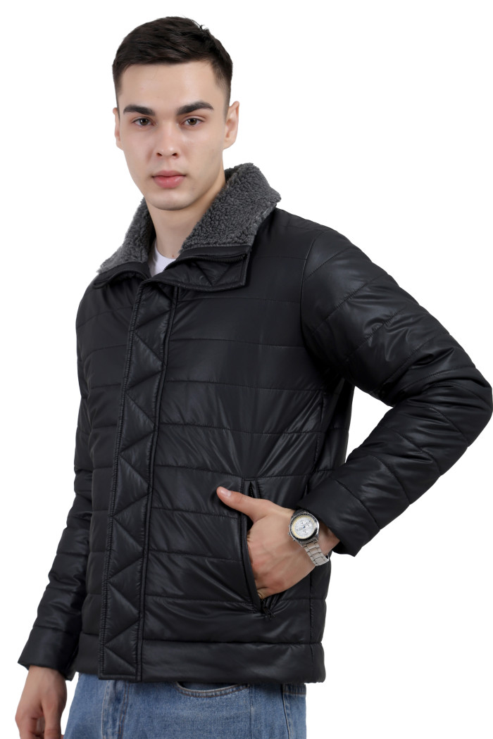 A right pose of a man wearing a Black High Neck Leather look Jacket with zipper closure, and pocket in hand designed for casual winter layering and comfort.