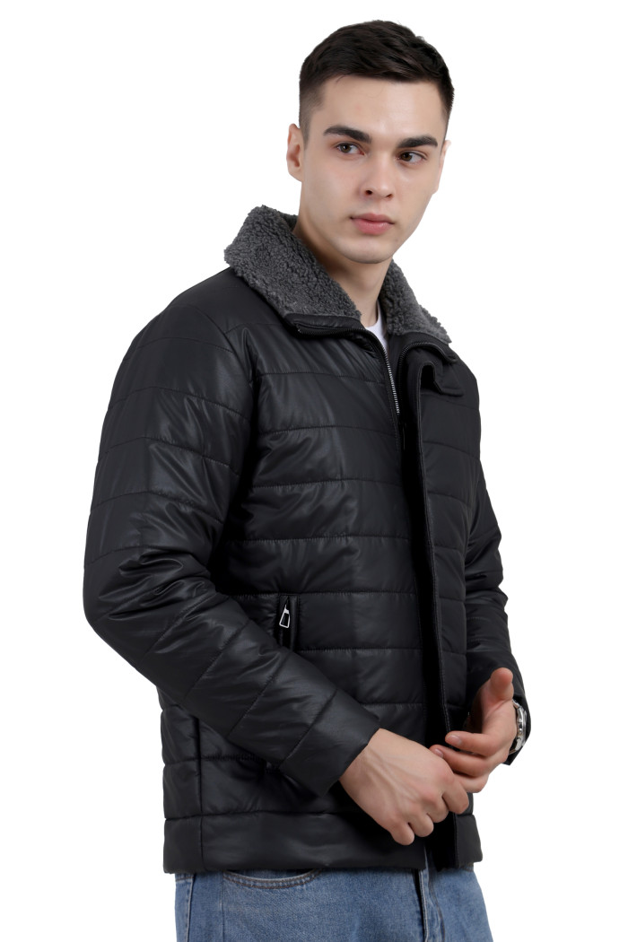 A left pose of a man wearing a Black High Neck Leather look Jacket with zipper closure, and pocket in hand designed for casual winter layering and comfort.