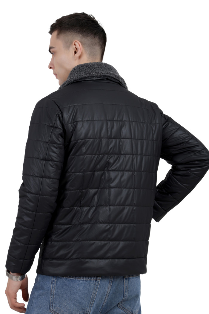 A back pose of a man wearing a Black High Neck Leather look Jacket with zipper closure, and pocket in hand designed for casual winter layering and comfort.