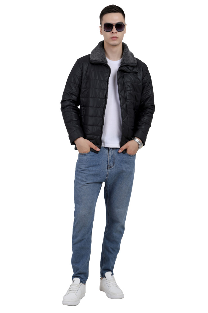 A tilted pose of a man wearing a Black High Neck Leather look Jacket with zipper closure, and pocket in hand designed for casual winter layering and comfort.