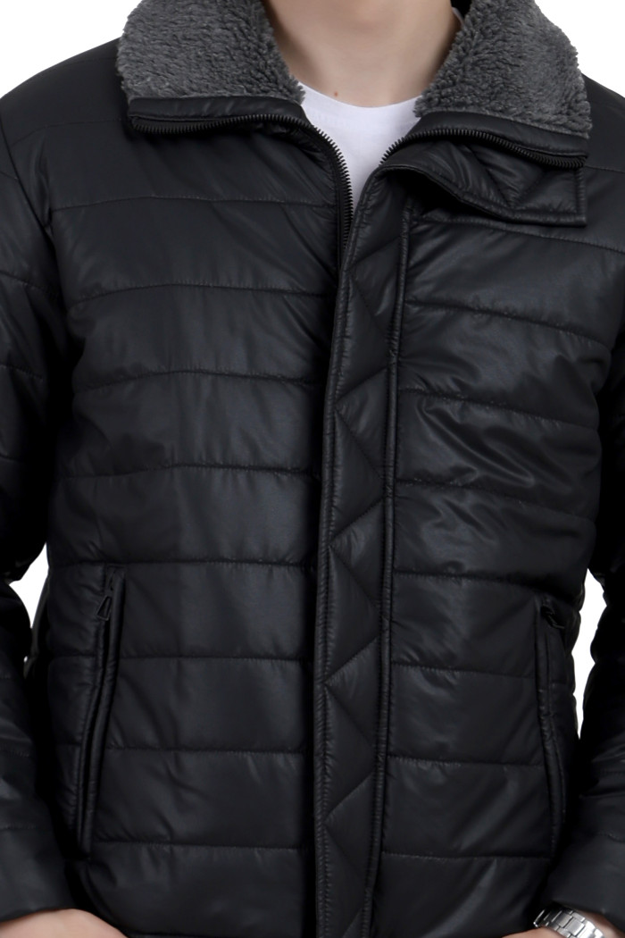 A cropped image of a man wearing a Black High Neck Leather look Jacket with zipper closure, and pocket in hand designed for casual winter layering and comfort.