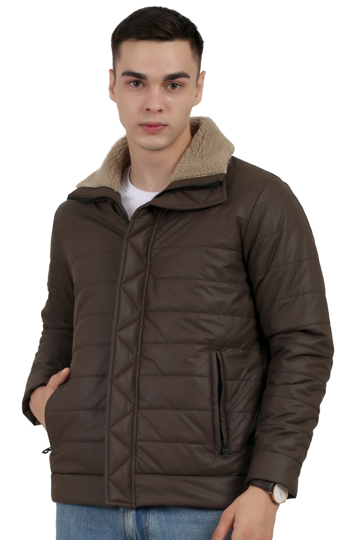 A man wearing a coffee High Neck Leather look Jacket with zipper closure, and pocket in hand designed for casual winter layering and comfort.