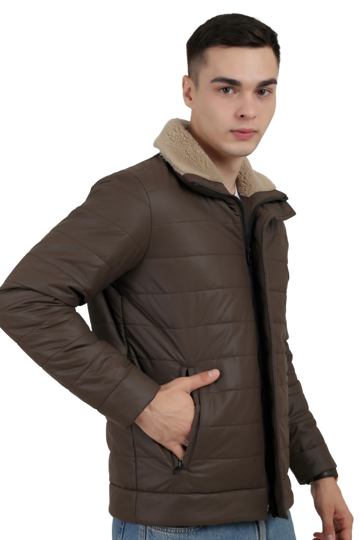 A left pose of a man wearing a coffee High Neck Leather look Jacket with zipper closure, and pocket in hand designed for casual winter layering and comfort.