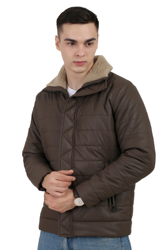 A right pose of a man wearing a coffee High Neck Leather look Jacket with zipper closure, and pocket in hand designed for casual winter layering and comfort.