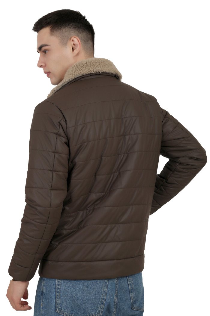 A back pose of a man wearing a coffee High Neck Leather look Jacket with zipper closure, and pocket in hand designed for casual winter layering and comfort.