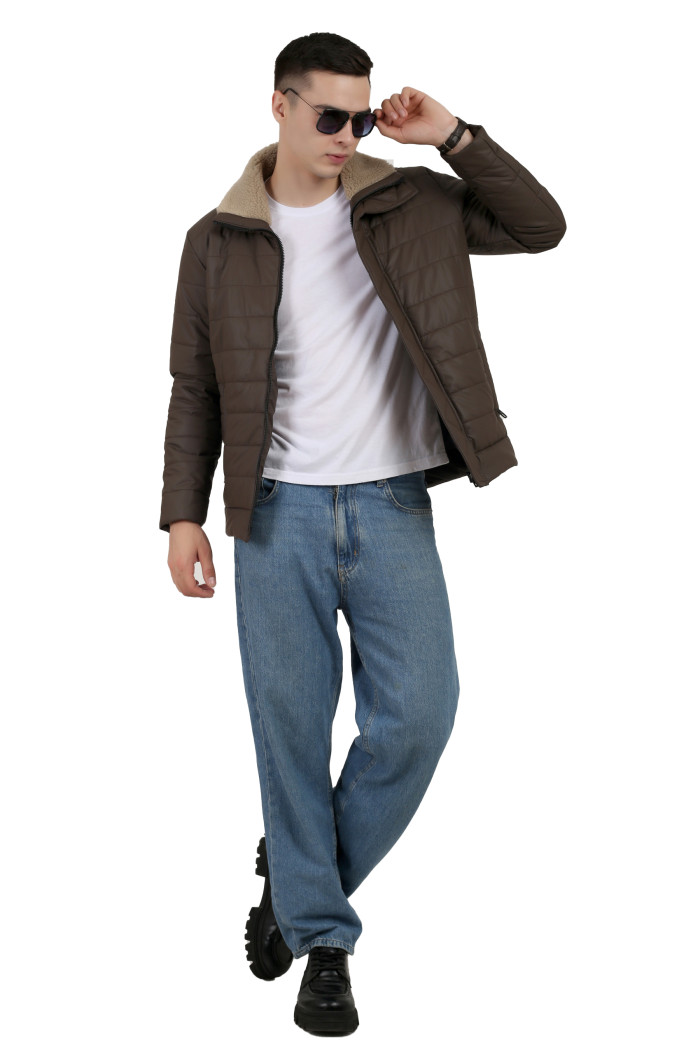 A tilted pose of a man wearing a coffee High Neck Leather look Jacket with zipper closure, and pocket in hand designed for casual winter layering and comfort.