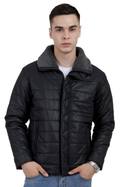 A man wearing a Black High Neck Leather look Jacket with zipper closure, and pocket in hand designed for casual winter layering and comfort.