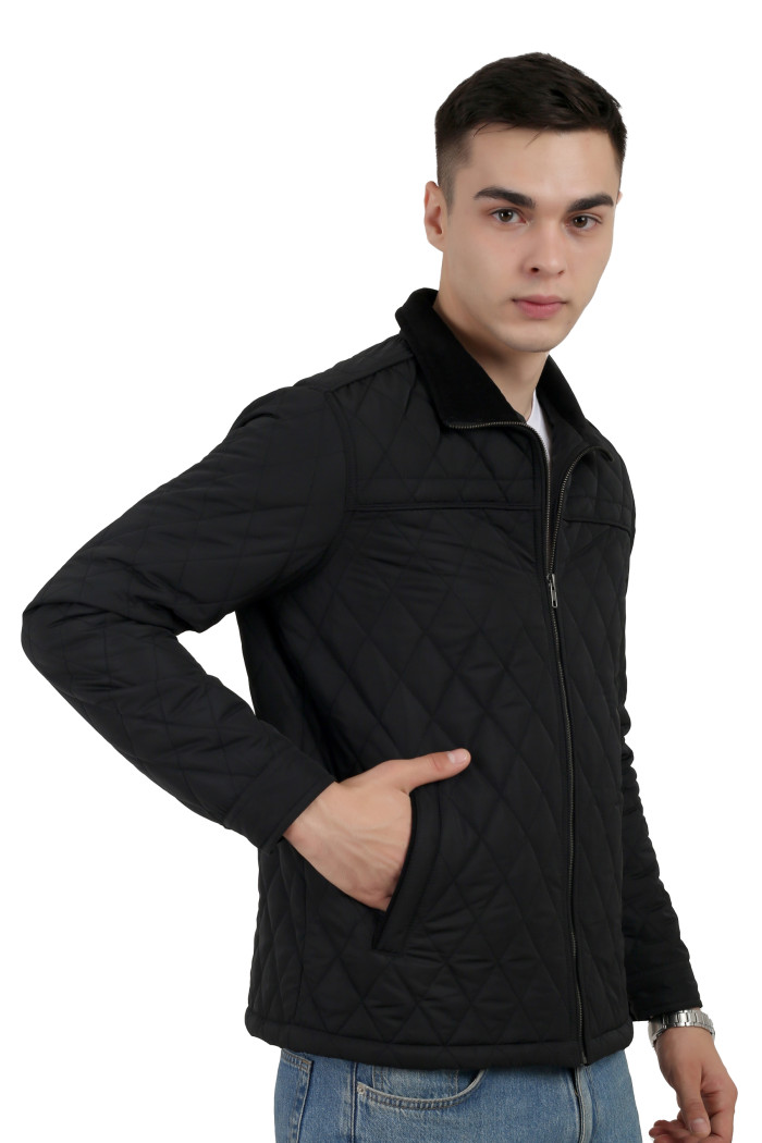 A right pose of a man wearing a Black quilted jacket with a collar neck, zipper closure and pocket in hand designed for casual winter layering and comfort.