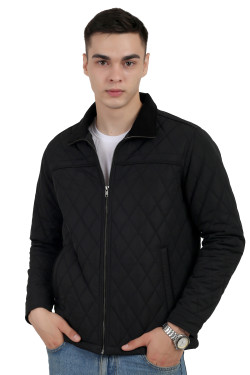 A man wearing a Black quilted jacket with a collar neck, zipper closure and pocket in hand designed for casual winter layering and comfort.