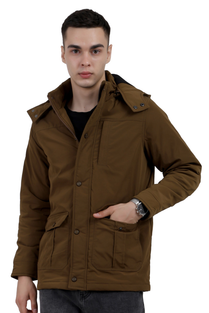 A man wearing a Khaki High Neck chester Jacket with zipper closure Button Placket, and pocket in hand designed for casual winter layering and comfort.