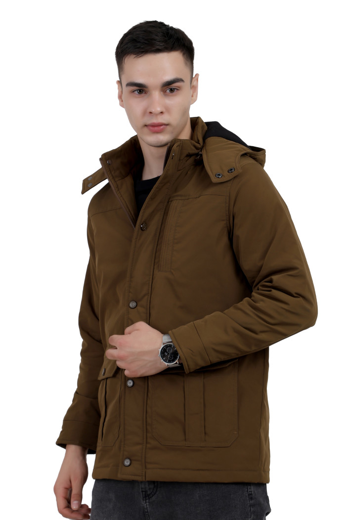 A right pose of a Khaki High Neck chester Jacket with zipper closure Button Placket, and pocket in hand designed for casual winter layering and comfort.